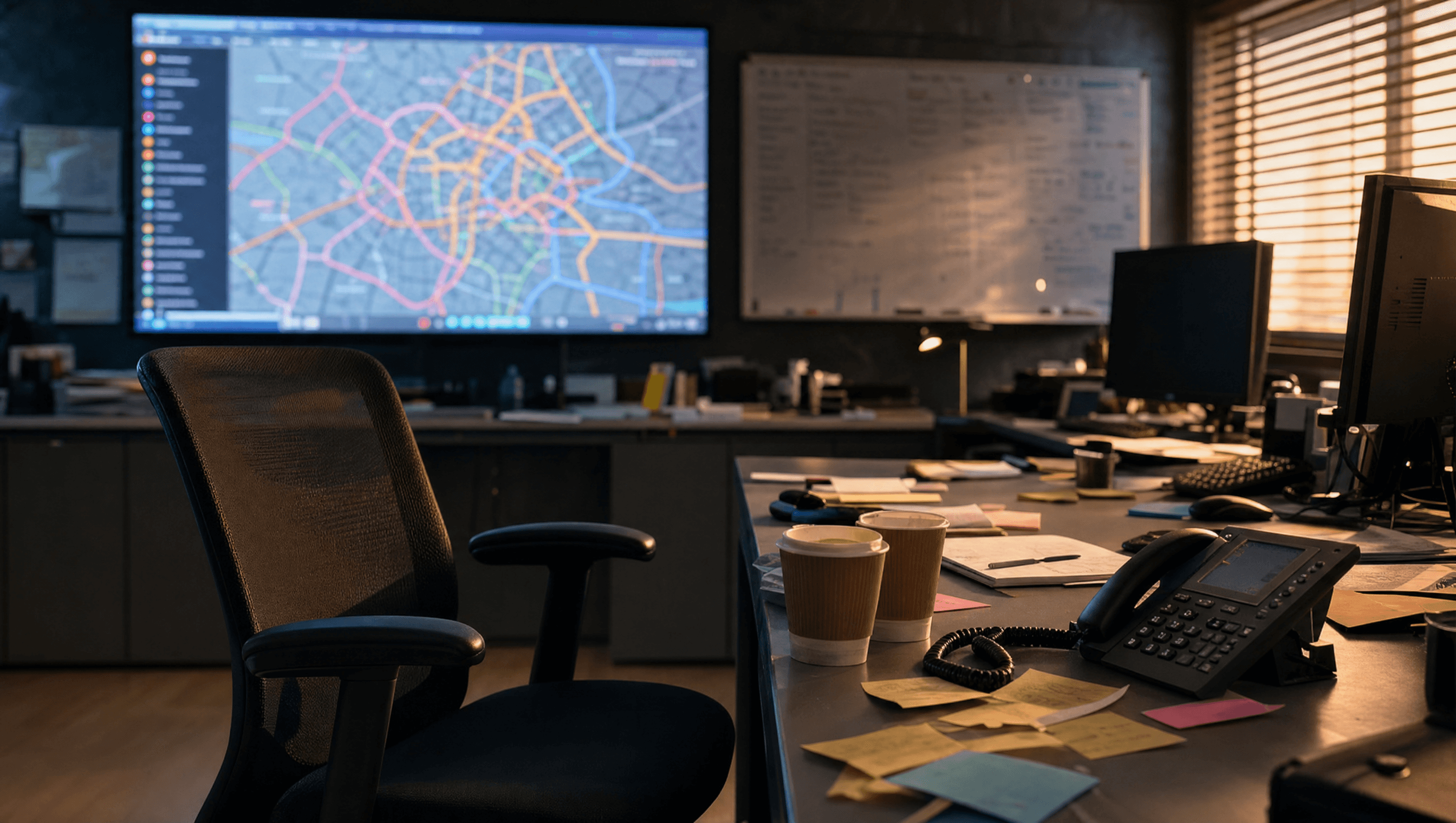 Empty dispatch room of a multi-location service business — an abandoned office chair pushed back from a cluttered desk, a wall-mounted route map with tangled color-coded lines, late-afternoon amber light through window blinds, an off-hook desk phone in the foreground