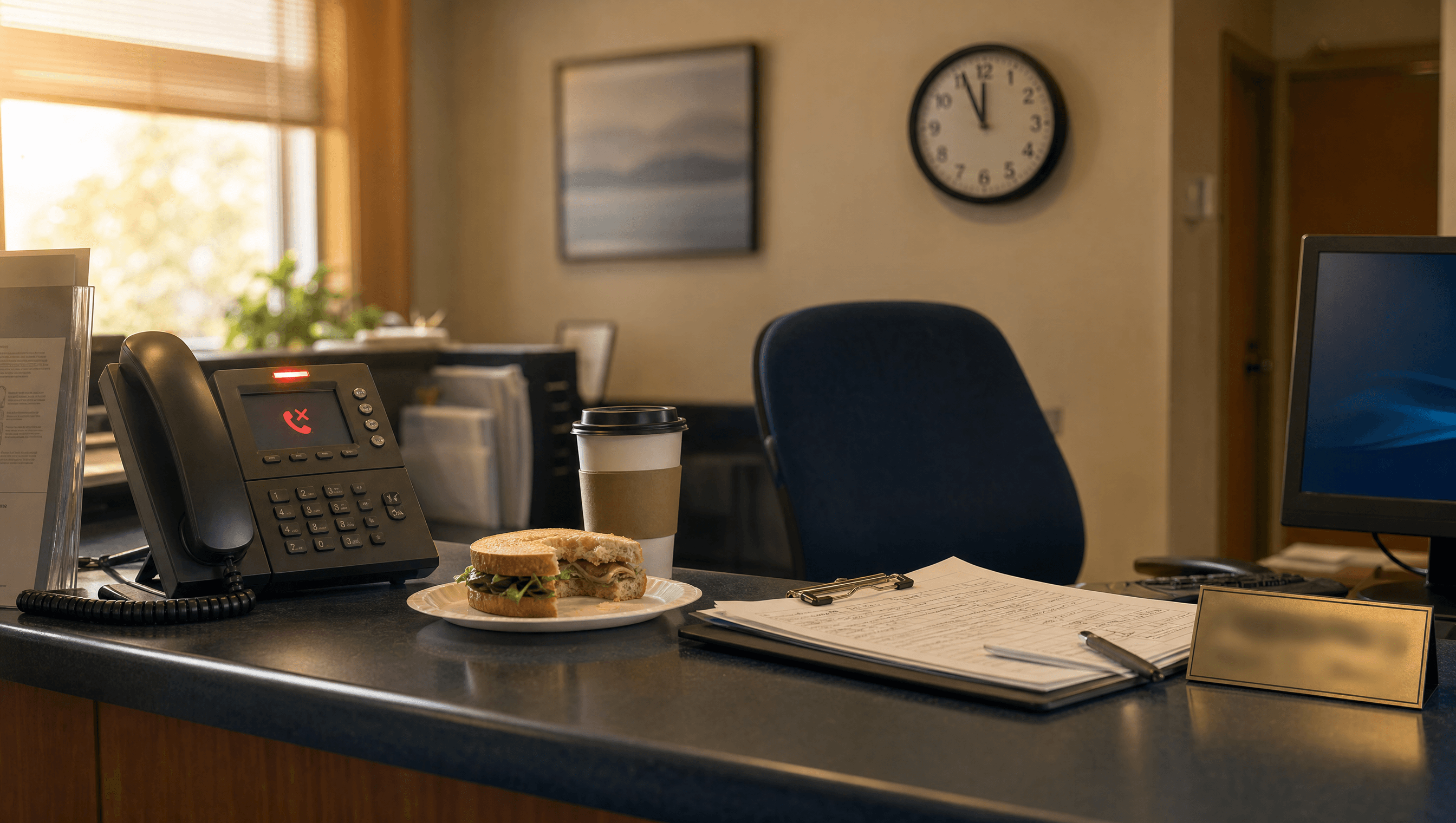 Empty reception desk of a service business at late morning — a desk phone with a glowing red missed-call notification, a half-eaten sandwich on a paper plate, a forgotten coffee cup, scattered intake forms on a clipboard, and an empty office chair pushed back