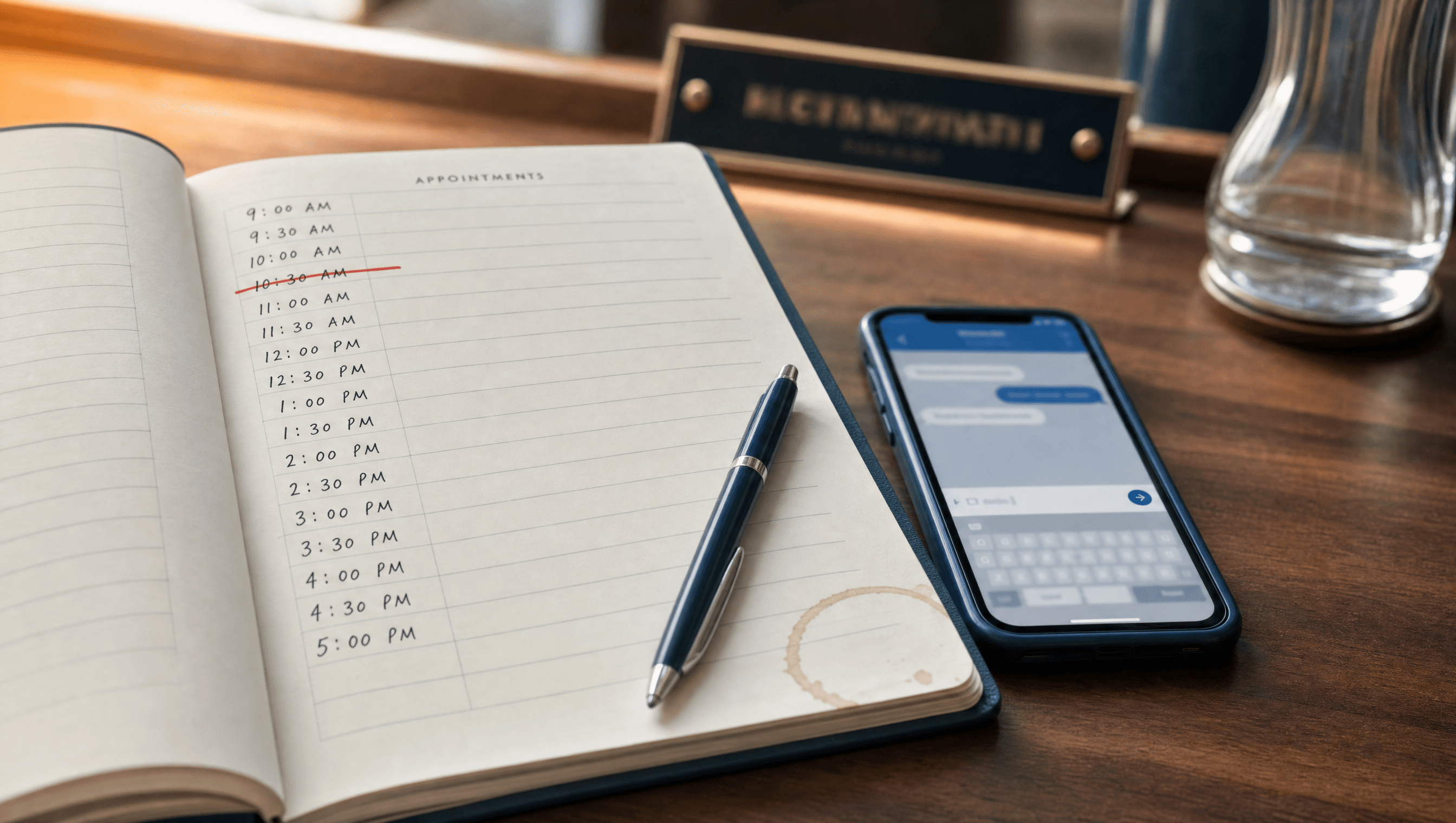 Top-down view of an open paper appointment book on a reception desk — handwritten time slots in a column, the 10:30 AM slot crossed out with a single red marker line, a smartphone showing an unsent message beside it, a pen lying across the page in late-morning light