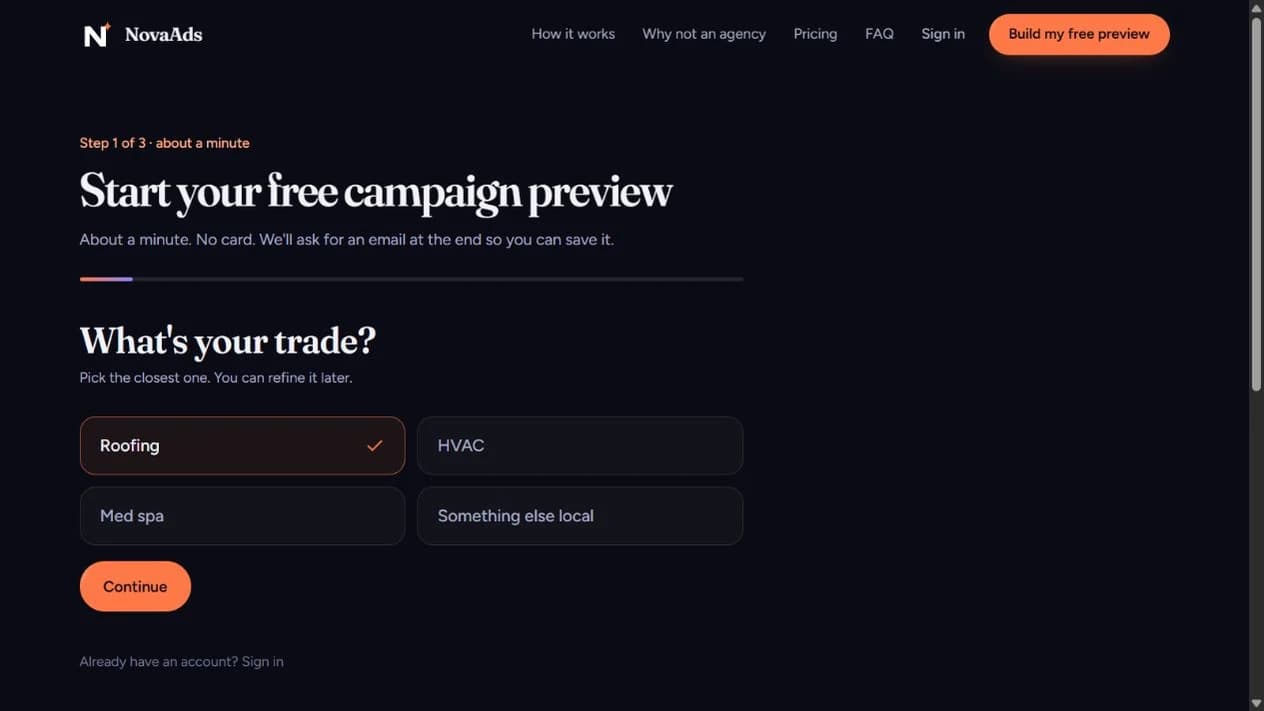 Nova Ads public campaign builder: choose your trade to start a free preview