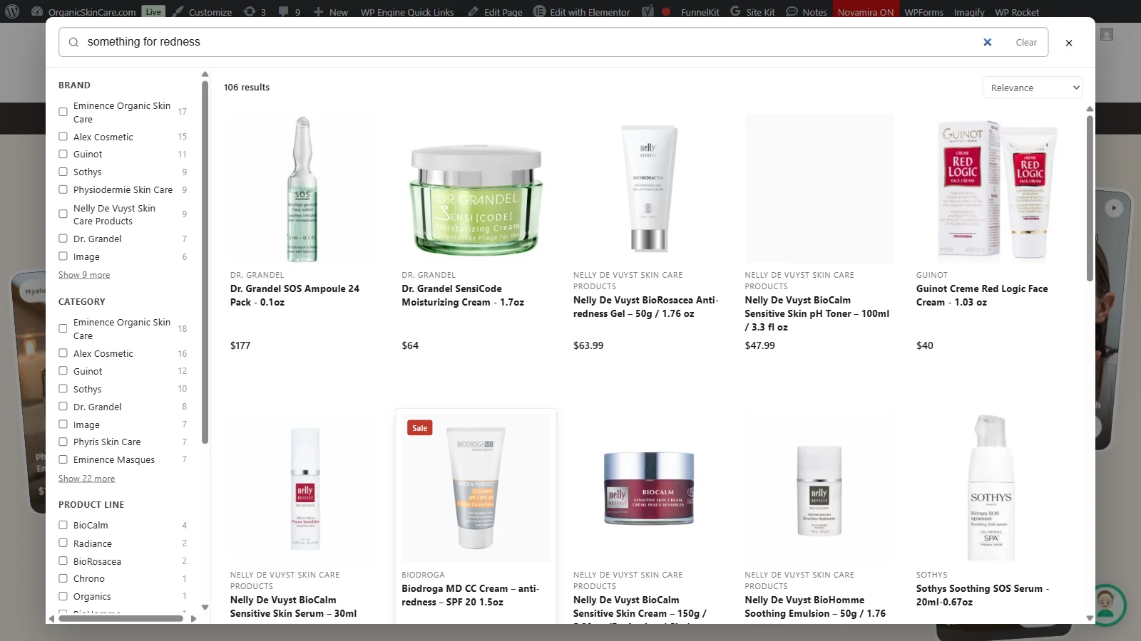 Nova Find search on OrganicSkincare.com showing a natural-language query, product results, and brand filters