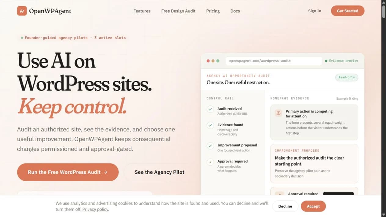 OpenWPAgent public site showing an evidence-led WordPress audit and approval workflow